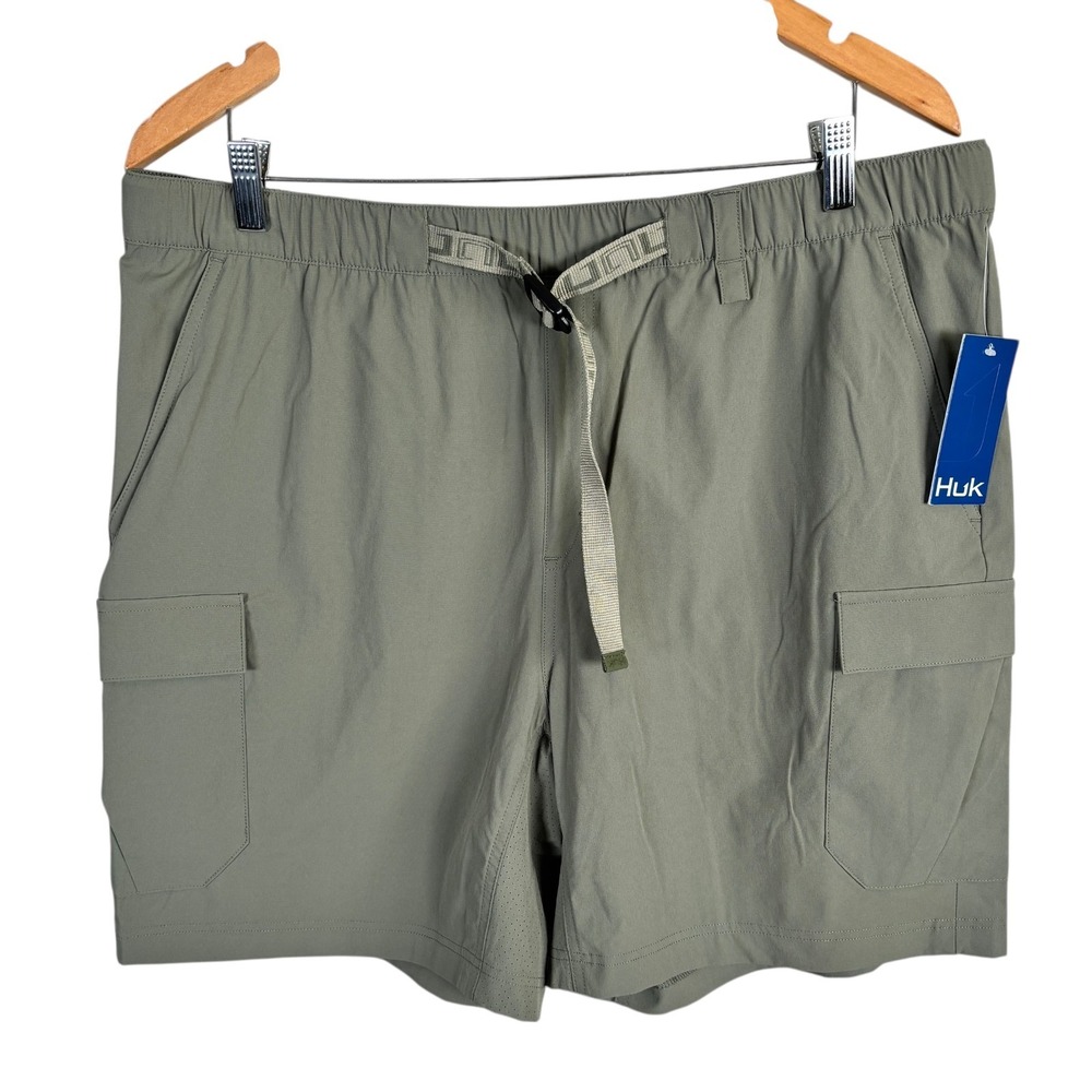NEW Huk Creekbed Cargo Shorts Vented Nylon Belted Mens 2XL‎ Moss Green $60